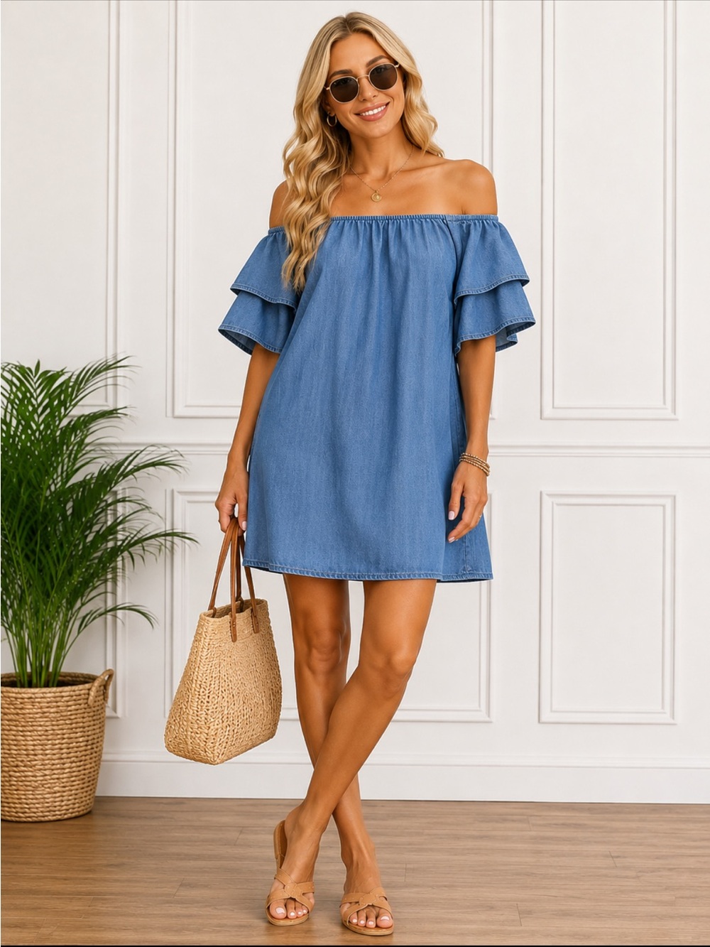 Zara Blue Chambray Bubble Sleeve Mini Dress axS NWOT